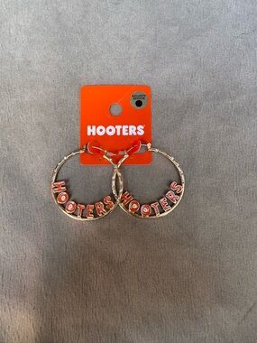 Hooters Gold Hoop Earrings with Orange Logo Letters